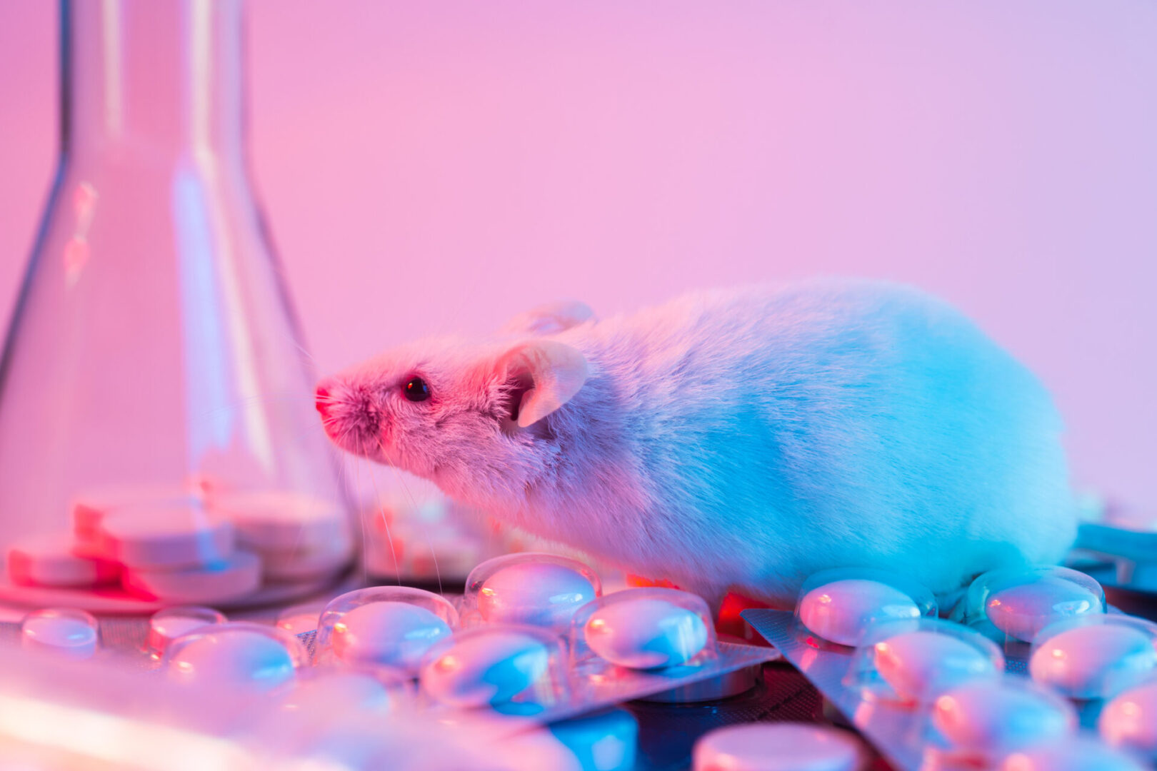 A white mouse near capsules under colorful lighting.